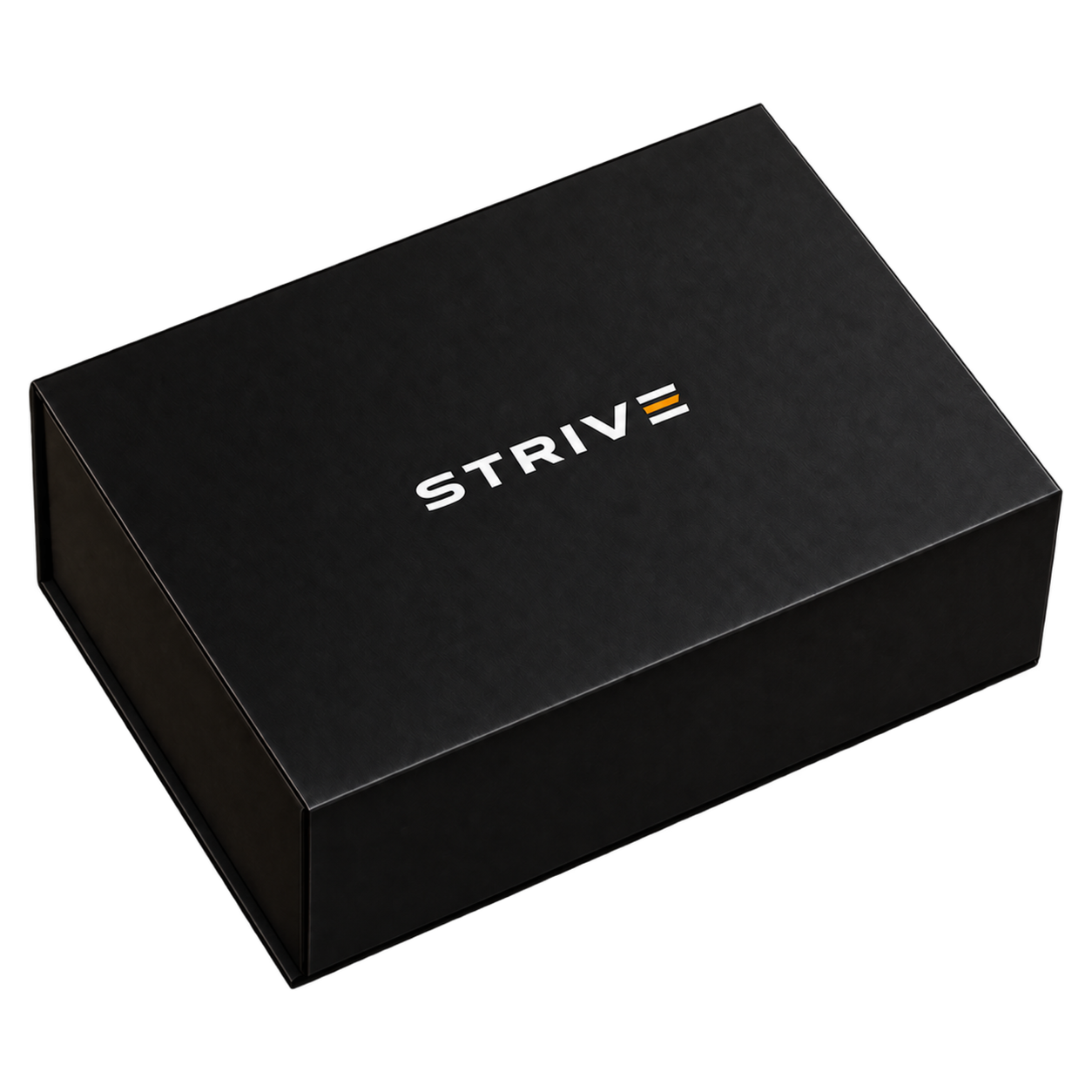 Closed black Strive garment box with the Strive wordmark